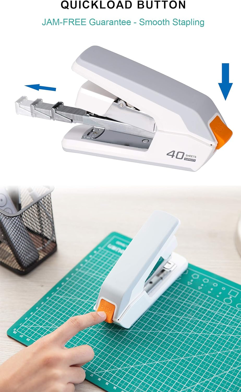 Deli Effortless Desktop Stapler, 40 Sheet Capacity, One Finger Touch Stapling, Easy to Load Ergonomic Heavy Duty Stapler, Includes 1500 Staples and Staple Remover