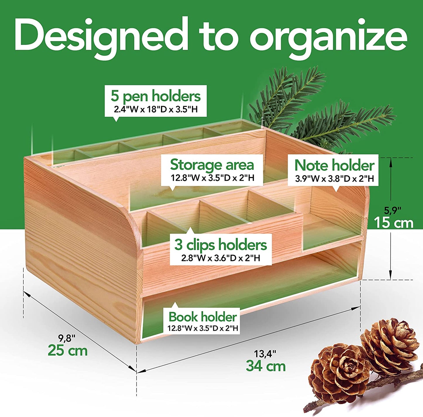 Natural Pine Wood Desk Organizer with File Organizer