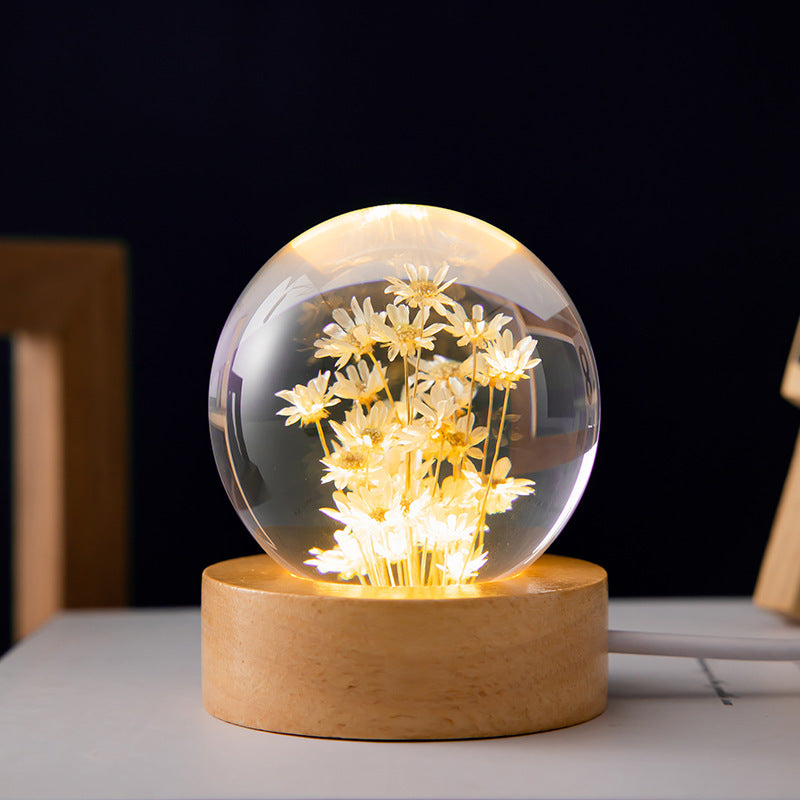 LED Night Light Flower Crystal Ball  Wooden Base Bedroom Ambient Light