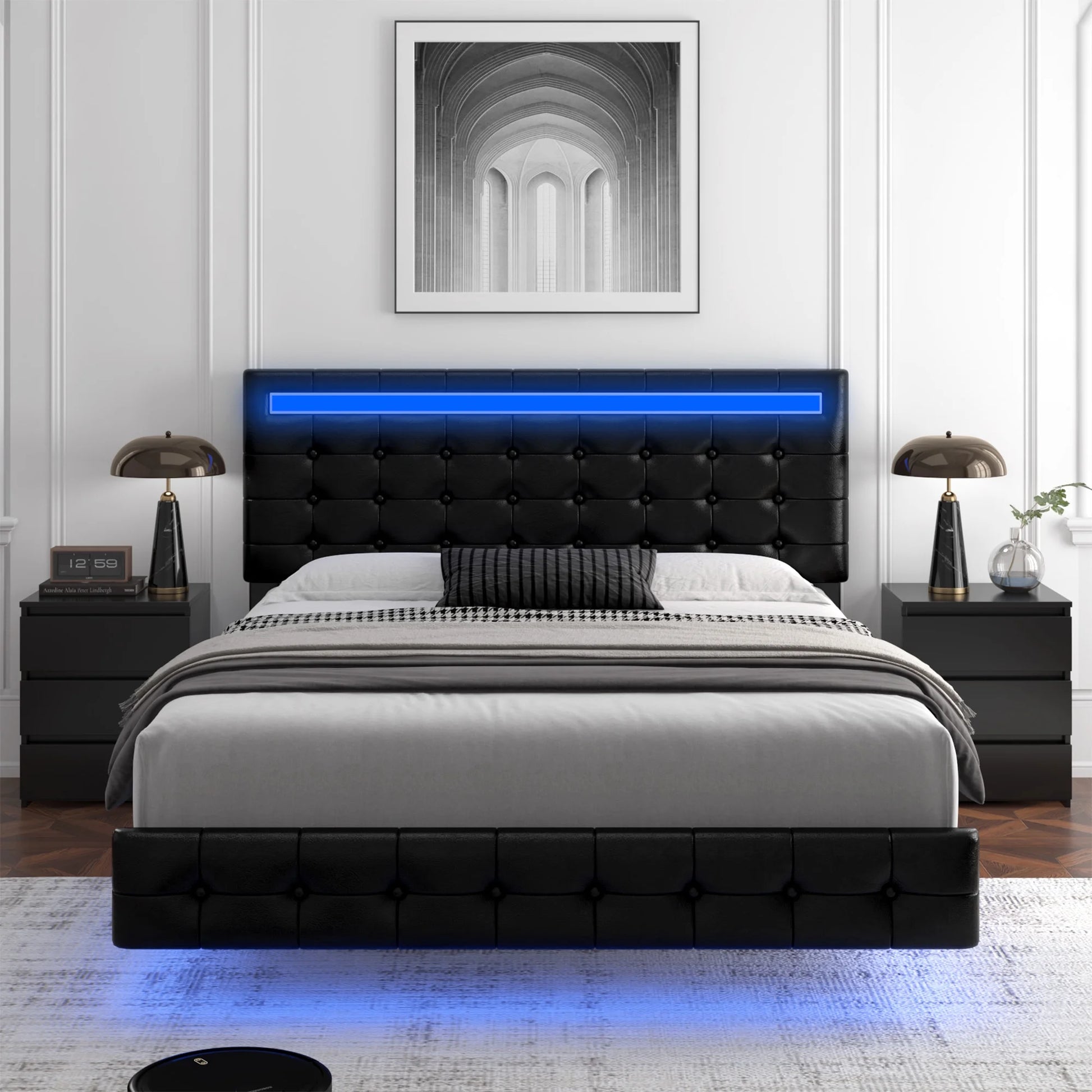 Full Floating Bed with Lights, LED Platform Bed Frame with under Bed Storage, PU Leather Adjustable Tufted Upholstered Bed, Black