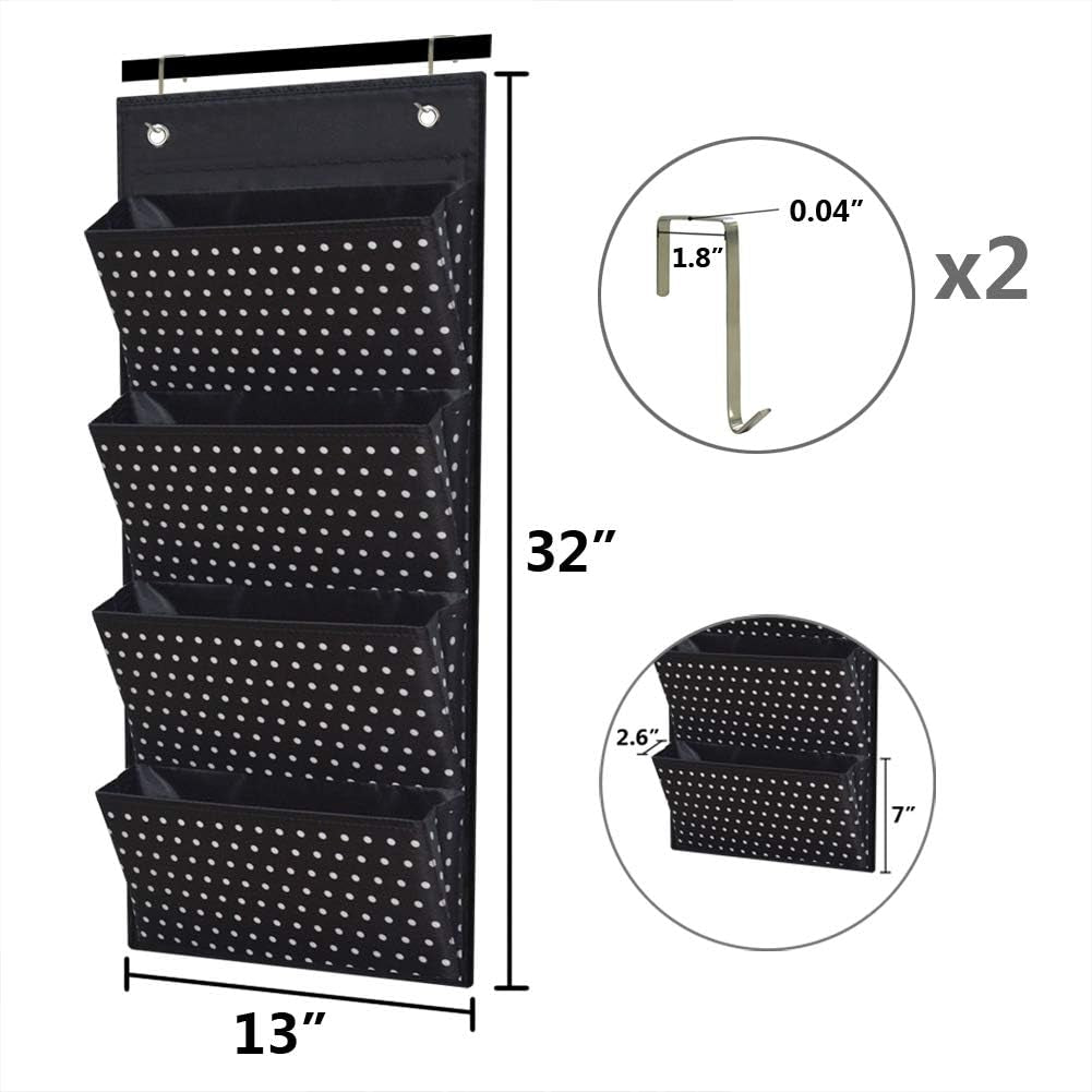 Wall Mount/Over Door File Hanging Storage Organizer - 4 Large Office Supplies File Document Organizer Holder for Office Supplies, School, Classroom, Office or Home Use, White Dots Pattern