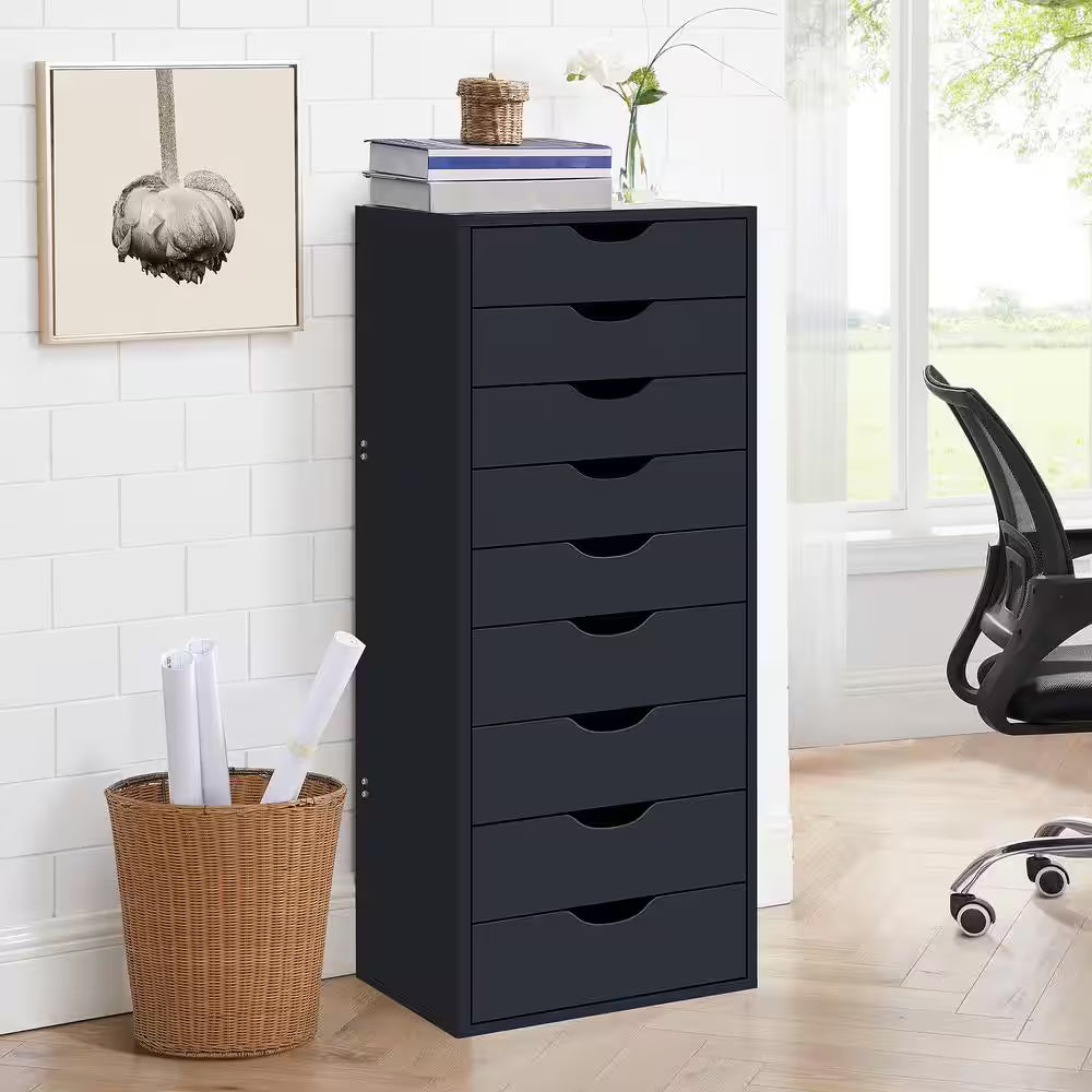 Black, 9-Drawer with Shelf, Office File Cabinets Wooden File Cabinets for Home Office Lateral File Cabinet