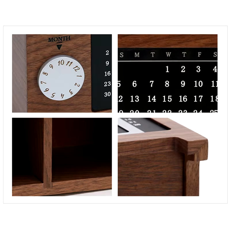 Solid Wood Calendar Pen Holder Multifunctional Desktop Office Organizer Stationery Pencil Storage Box for Office Home 96BA