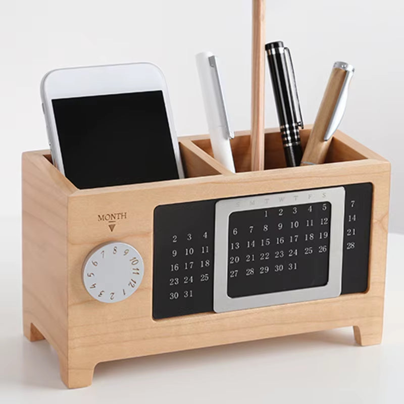 Solid Wood Calendar Pen Holder Multifunctional Desktop Office Organizer Stationery Pencil Storage Box for Office Home 96BA