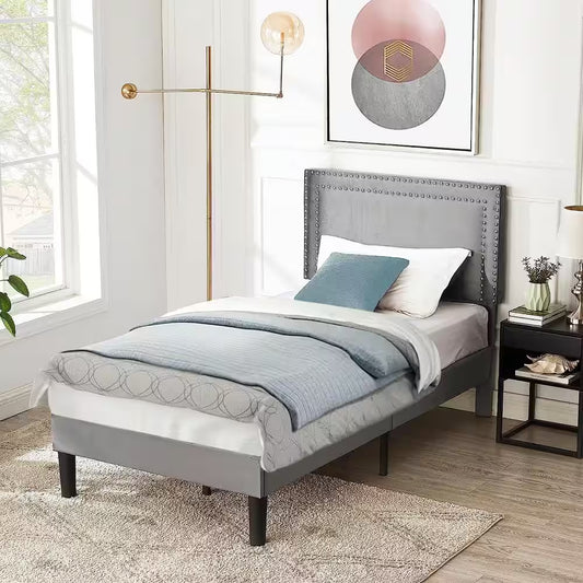 Upholstered Bed with Adjustable Headboard, No Box Spring Needed Platform Bed Frame, Bed Frame Gray Twin Bed