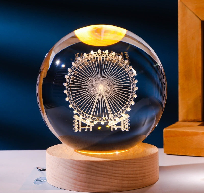 3D Warm Light Inner Carving Solid Wood Desktop Small Night Lamp Crystal Ball Decoration