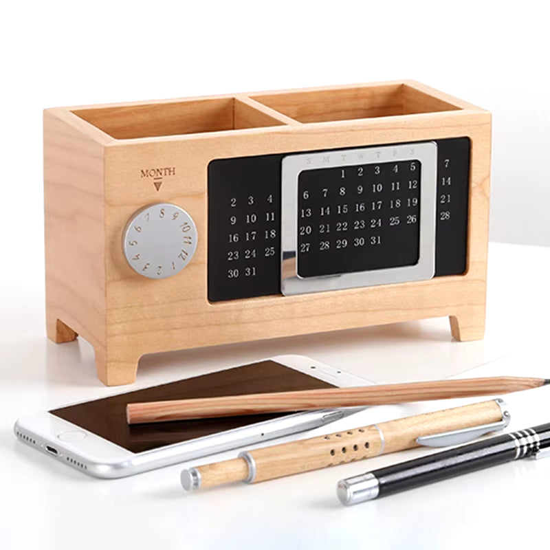 Solid Wood Calendar Pen Holder Multifunctional Desktop Office Organizer Stationery Pencil Storage Box for Office Home 96BA