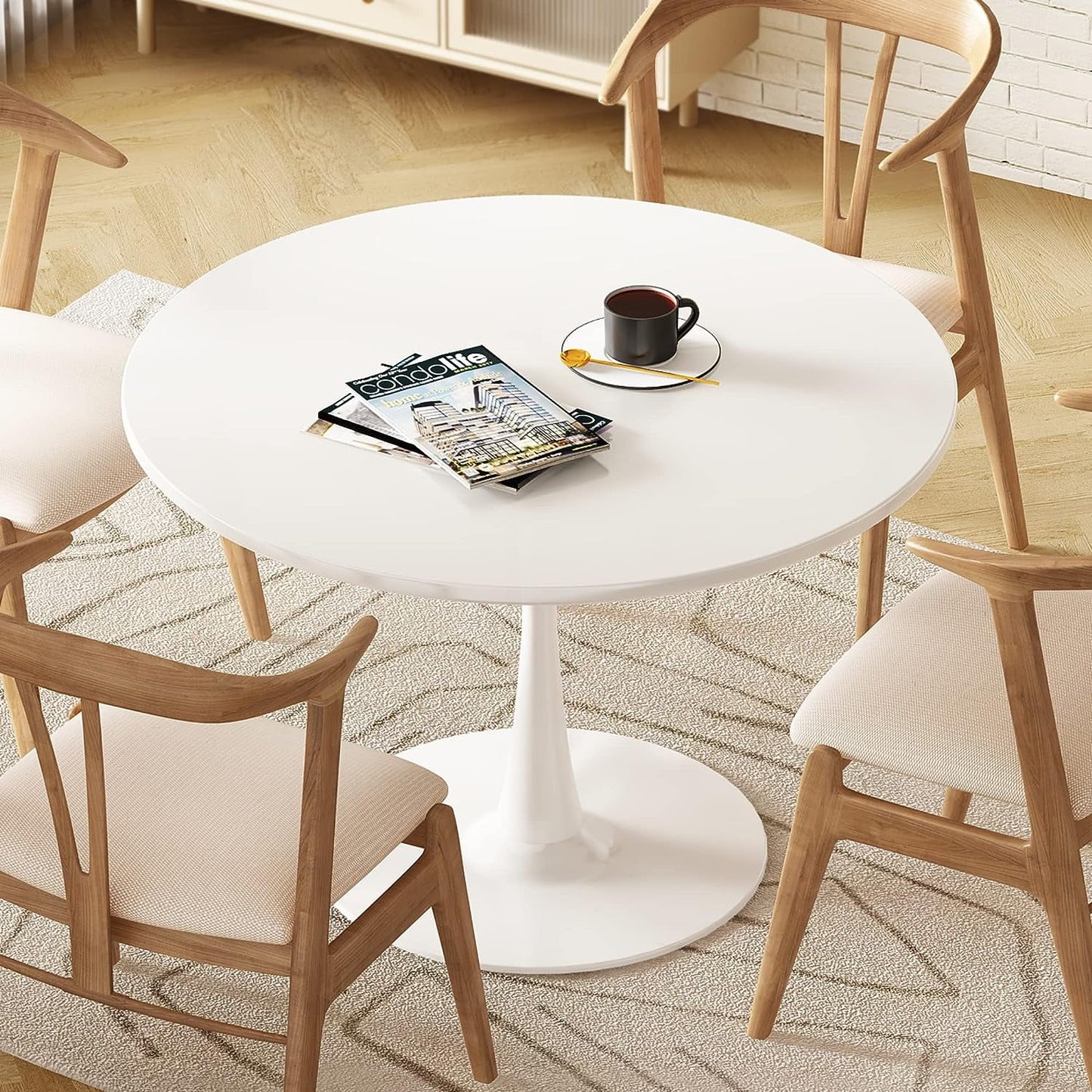 round Dining Table, 31.5 Inch Tulip Table Pedestal Dining Table, round Pedestal Table for Mid-Century End Table Coffee Office Living Room Table, White