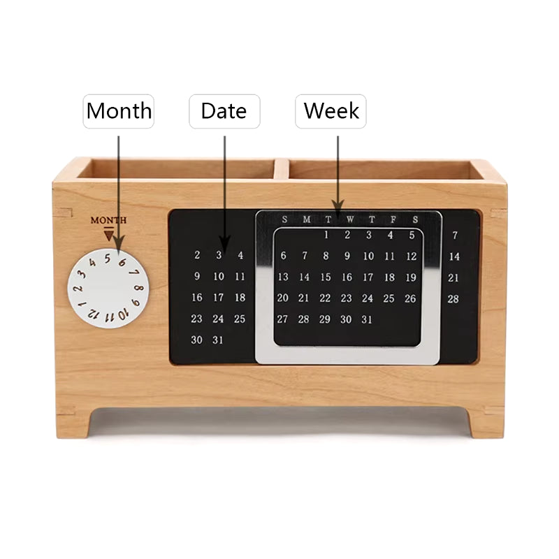 Solid Wood Calendar Pen Holder Multifunctional Desktop Office Organizer Stationery Pencil Storage Box for Office Home 96BA