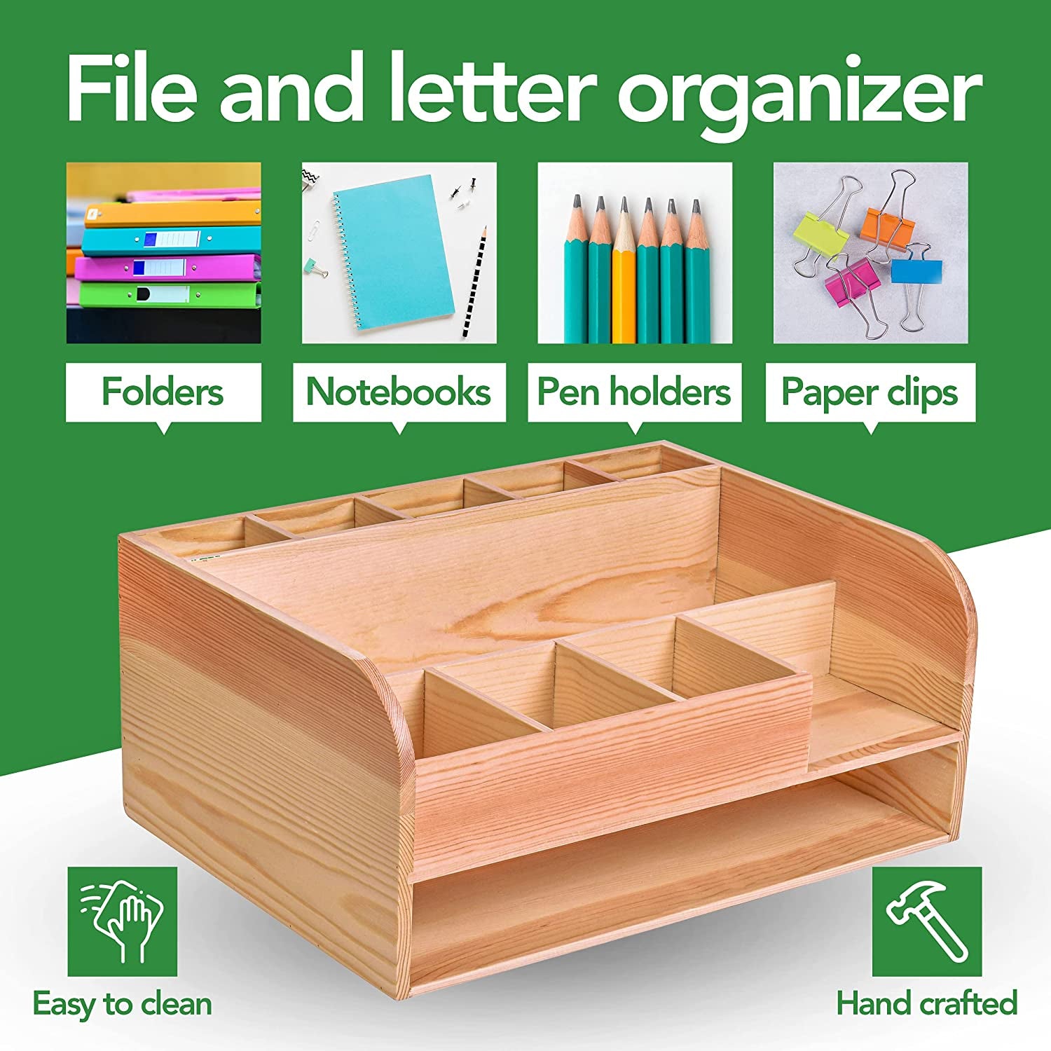 Natural Pine Wood Desk Organizer with File Organizer