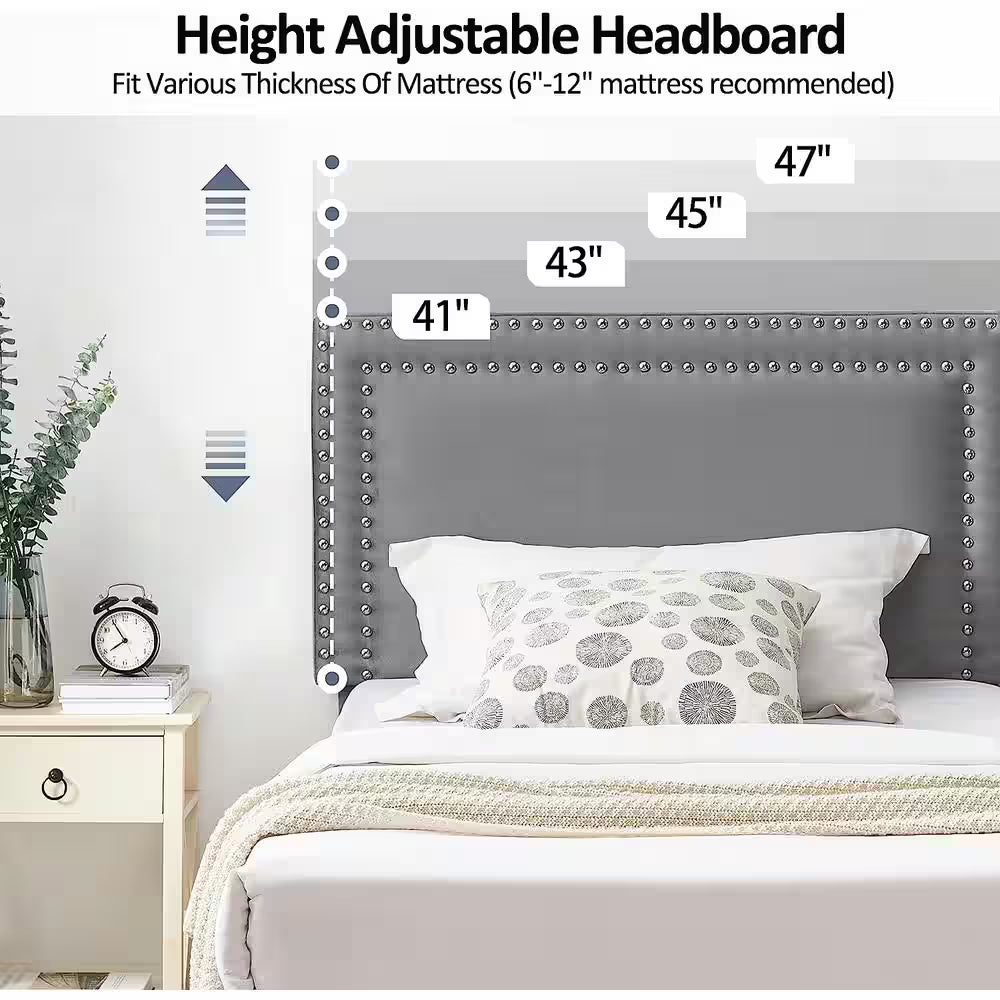 Upholstered Bed with Adjustable Headboard, No Box Spring Needed Platform Bed Frame, Bed Frame Gray Twin Bed