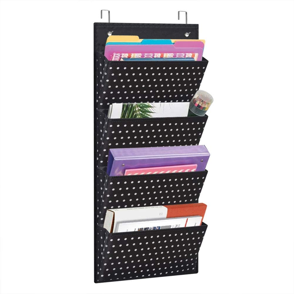 Wall Mount/Over Door File Hanging Storage Organizer - 4 Large Office Supplies File Document Organizer Holder for Office Supplies, School, Classroom, Office or Home Use, White Dots Pattern