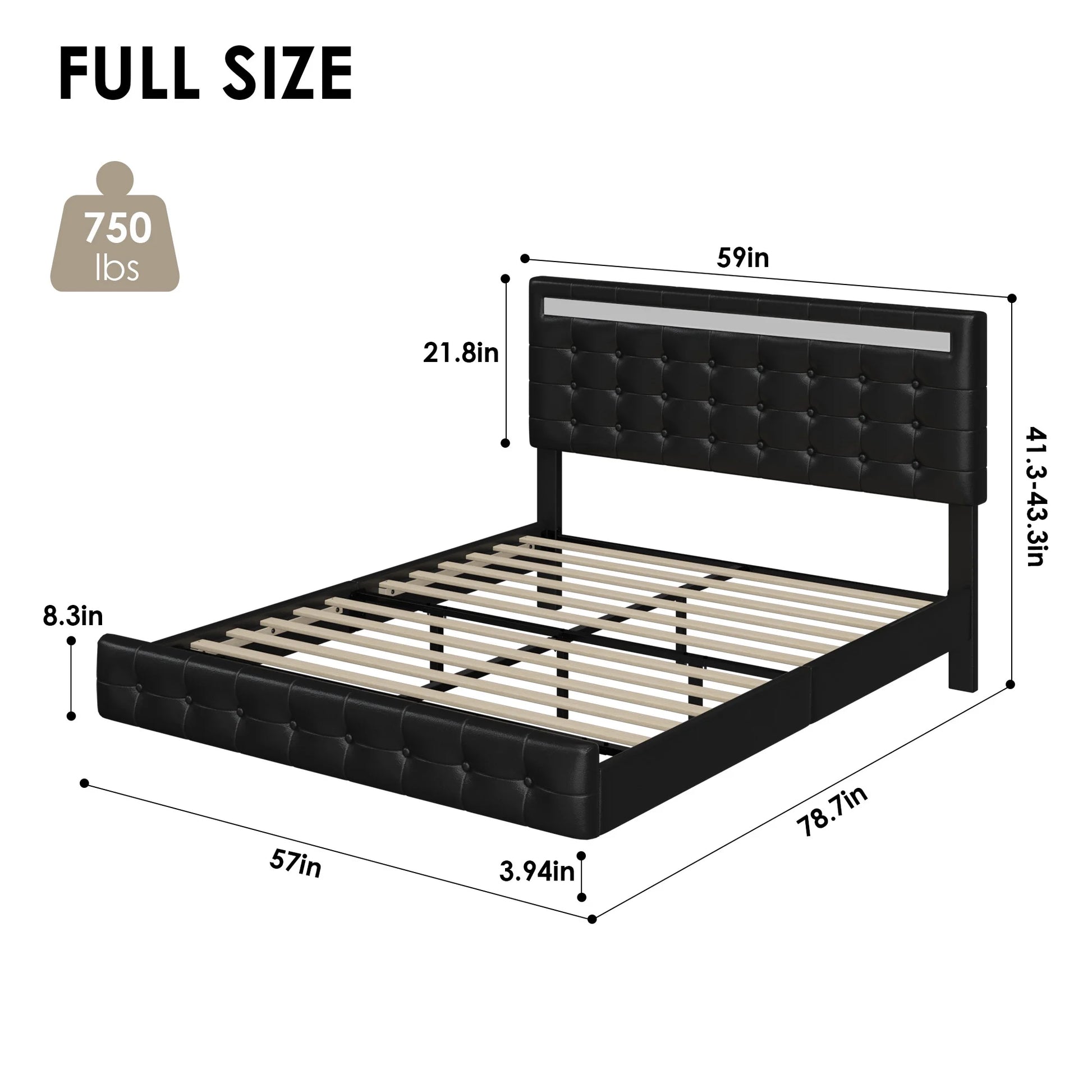 Full Floating Bed with Lights, LED Platform Bed Frame with under Bed Storage, PU Leather Adjustable Tufted Upholstered Bed, Black