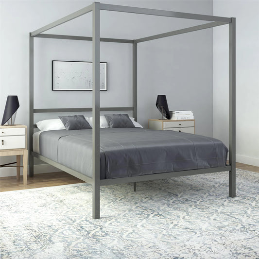 Modern Metal Canopy Poster Bed, Queen, Gunmetal Gray