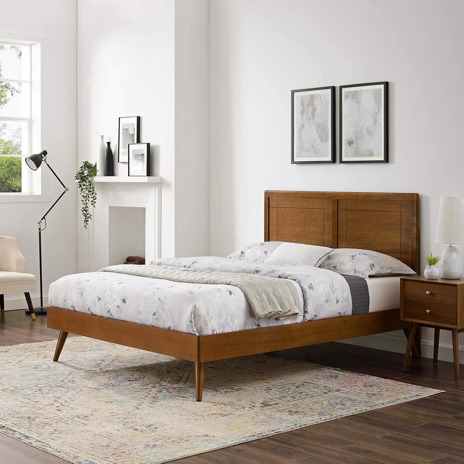 MOD-6382-WAL Marlee Queen Wood Platform Bed with Splayed Legs, Walnut