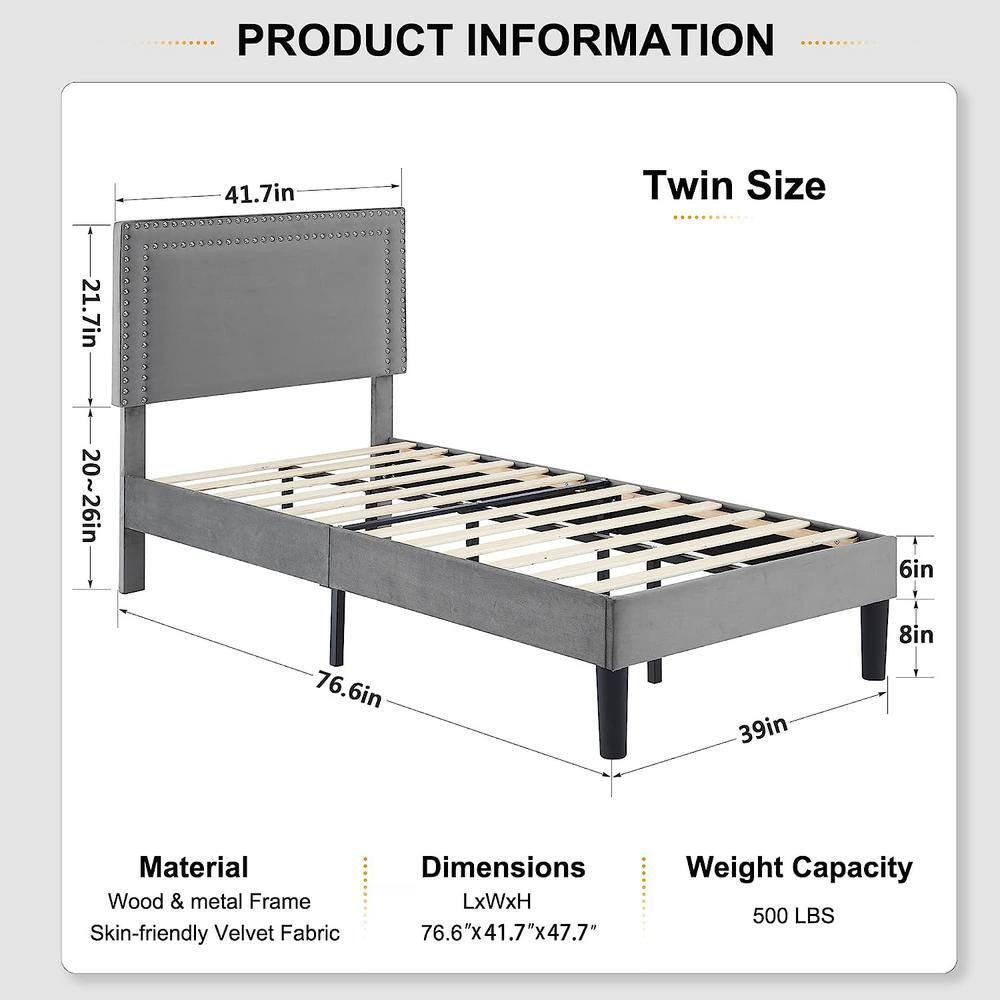 Upholstered Bed with Adjustable Headboard, No Box Spring Needed Platform Bed Frame, Bed Frame Gray Twin Bed