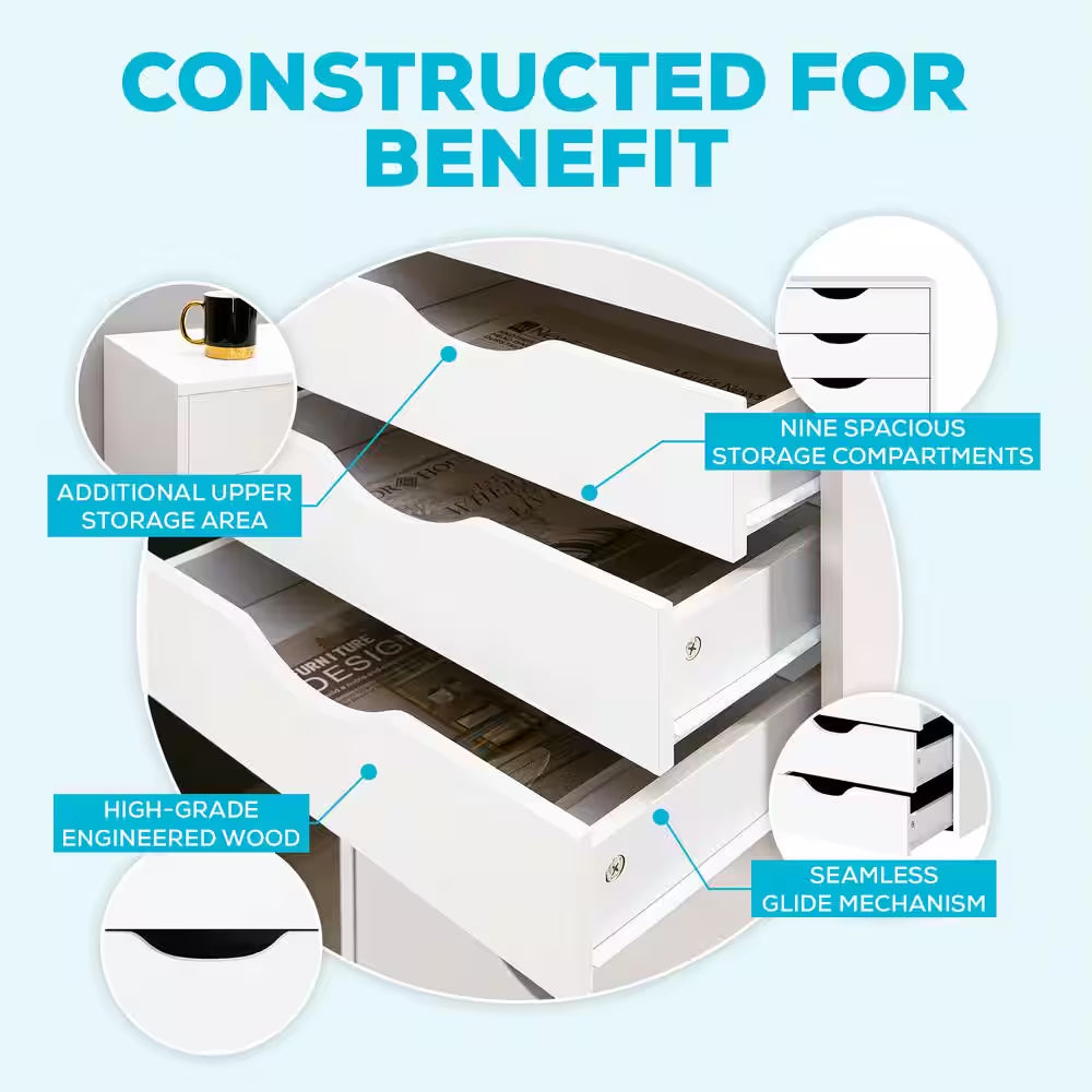 White, 9 Drawer with Shelf, Office File Cabinets Wooden File Cabinets for Home Office Lateral File Cabinet