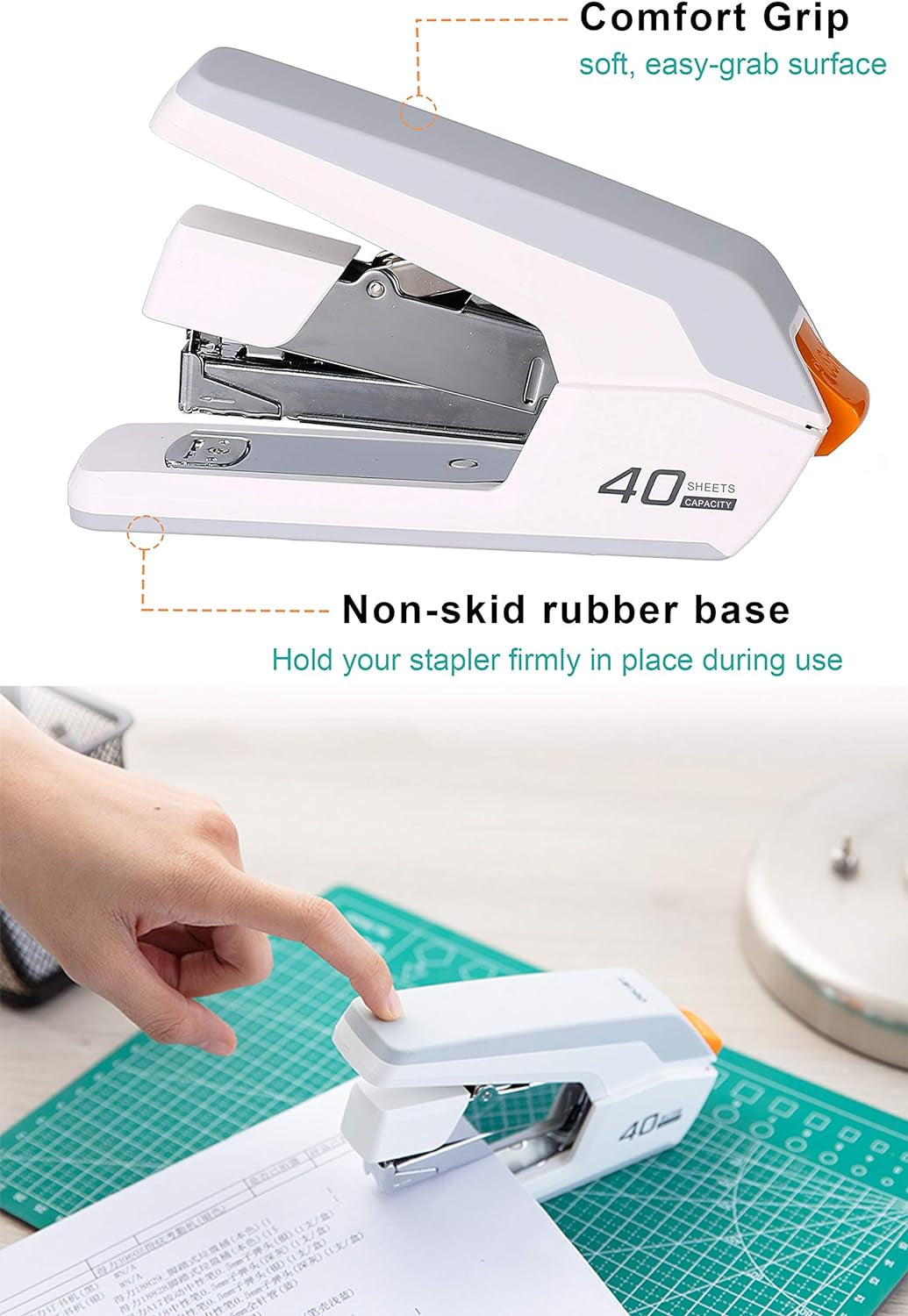 Deli Effortless Desktop Stapler, 40 Sheet Capacity, One Finger Touch Stapling, Easy to Load Ergonomic Heavy Duty Stapler, Includes 1500 Staples and Staple Remover