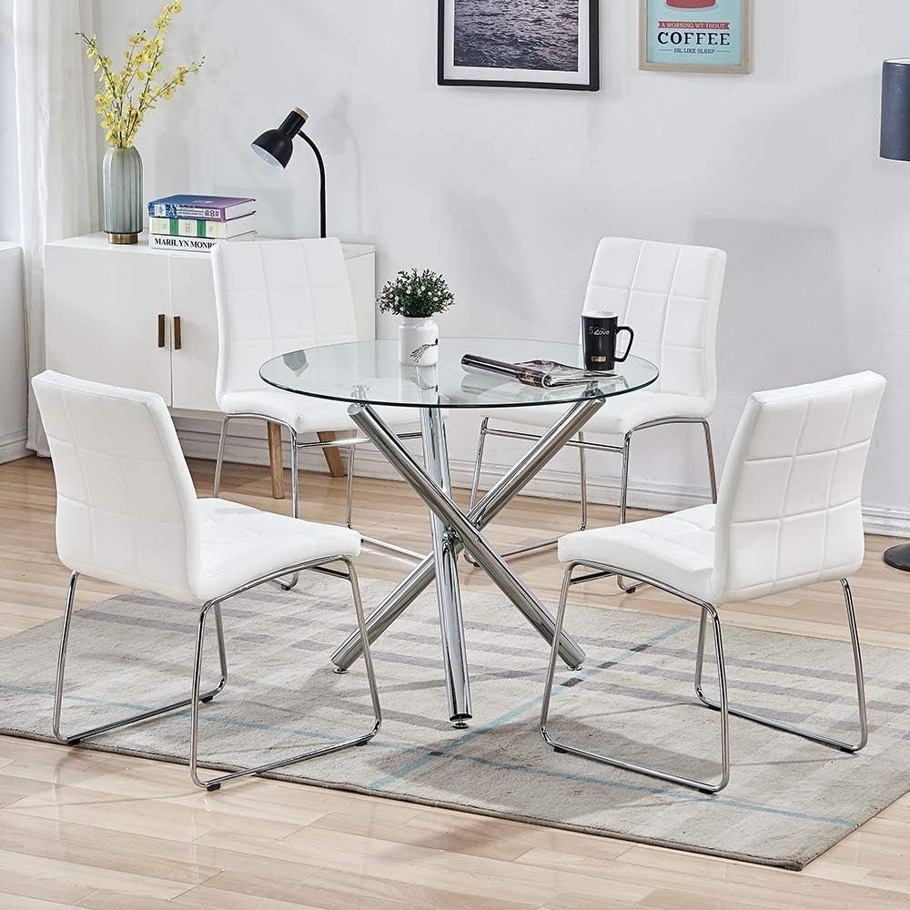 Glass Dining Table, Glass round Dining Table Kitchen Table with Clear Tempered Glass Top, Modern Dining Table End Table Leisure Tea Coffee Table (Table)