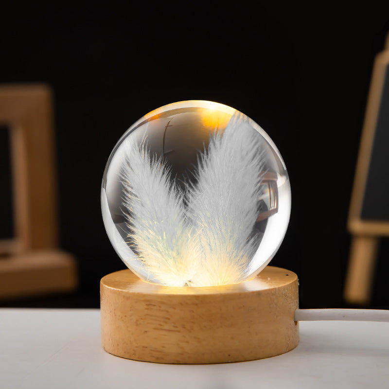 LED Night Light Flower Crystal Ball  Wooden Base Bedroom Ambient Light