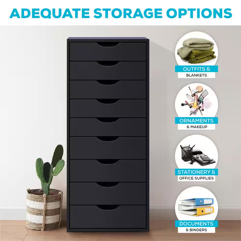 Black, 9-Drawer with Shelf, Office File Cabinets Wooden File Cabinets for Home Office Lateral File Cabinet