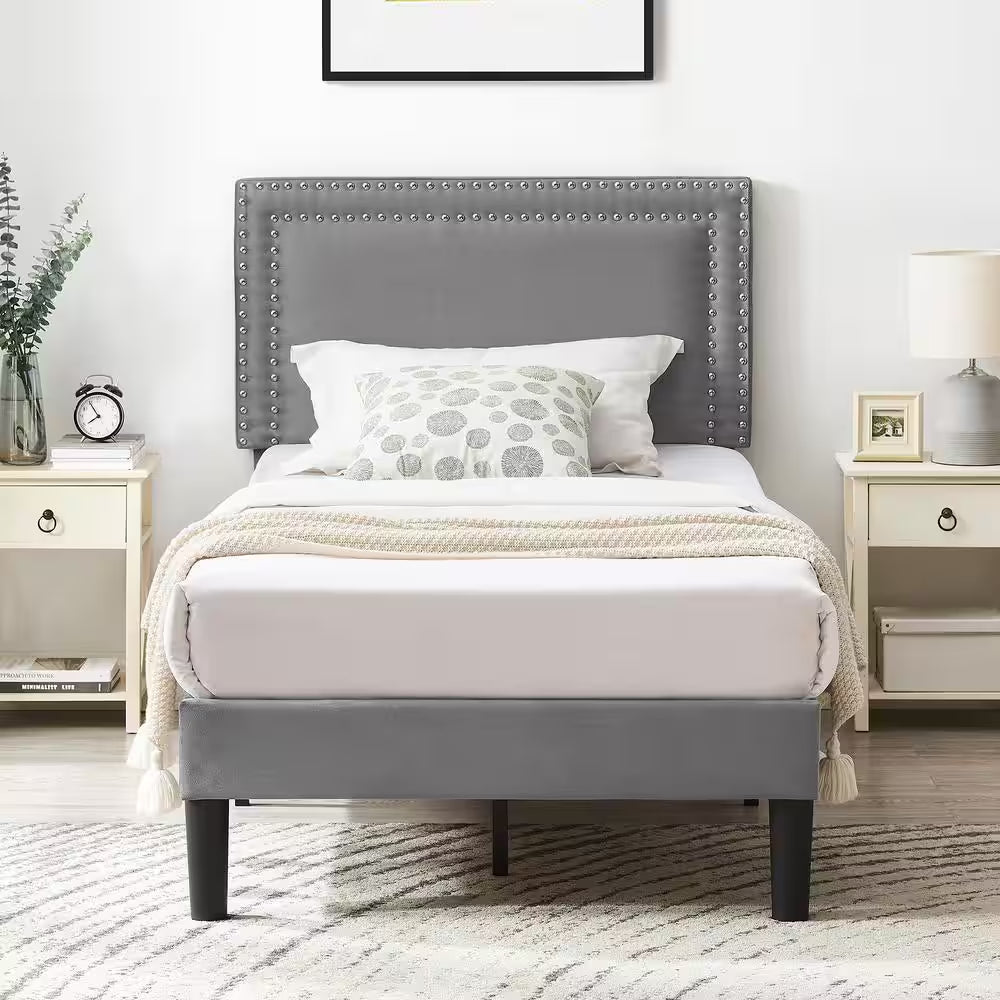 Upholstered Bed with Adjustable Headboard, No Box Spring Needed Platform Bed Frame, Bed Frame Gray Twin Bed