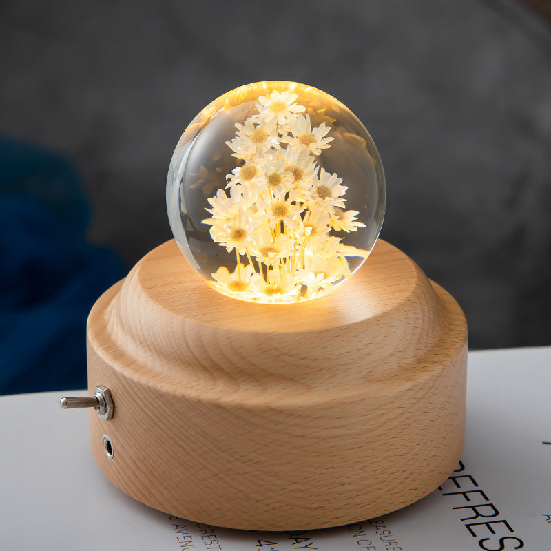 LED Night Light Flower Crystal Ball  Wooden Base Bedroom Ambient Light