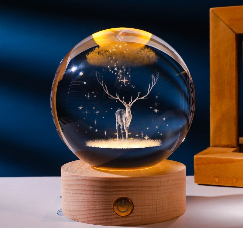 3D Warm Light Inner Carving Solid Wood Desktop Small Night Lamp Crystal Ball Decoration