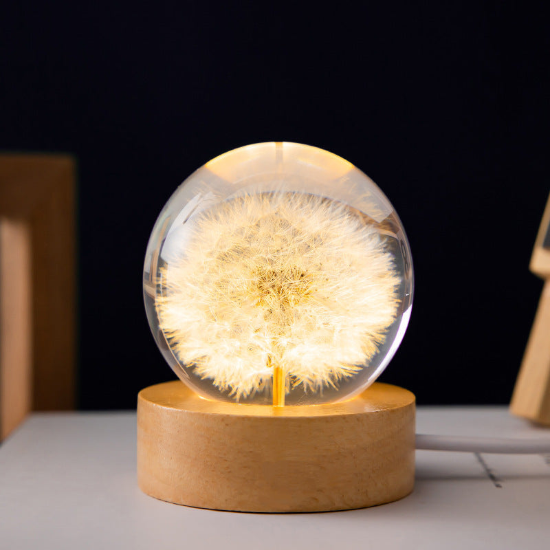 LED Night Light Flower Crystal Ball  Wooden Base Bedroom Ambient Light