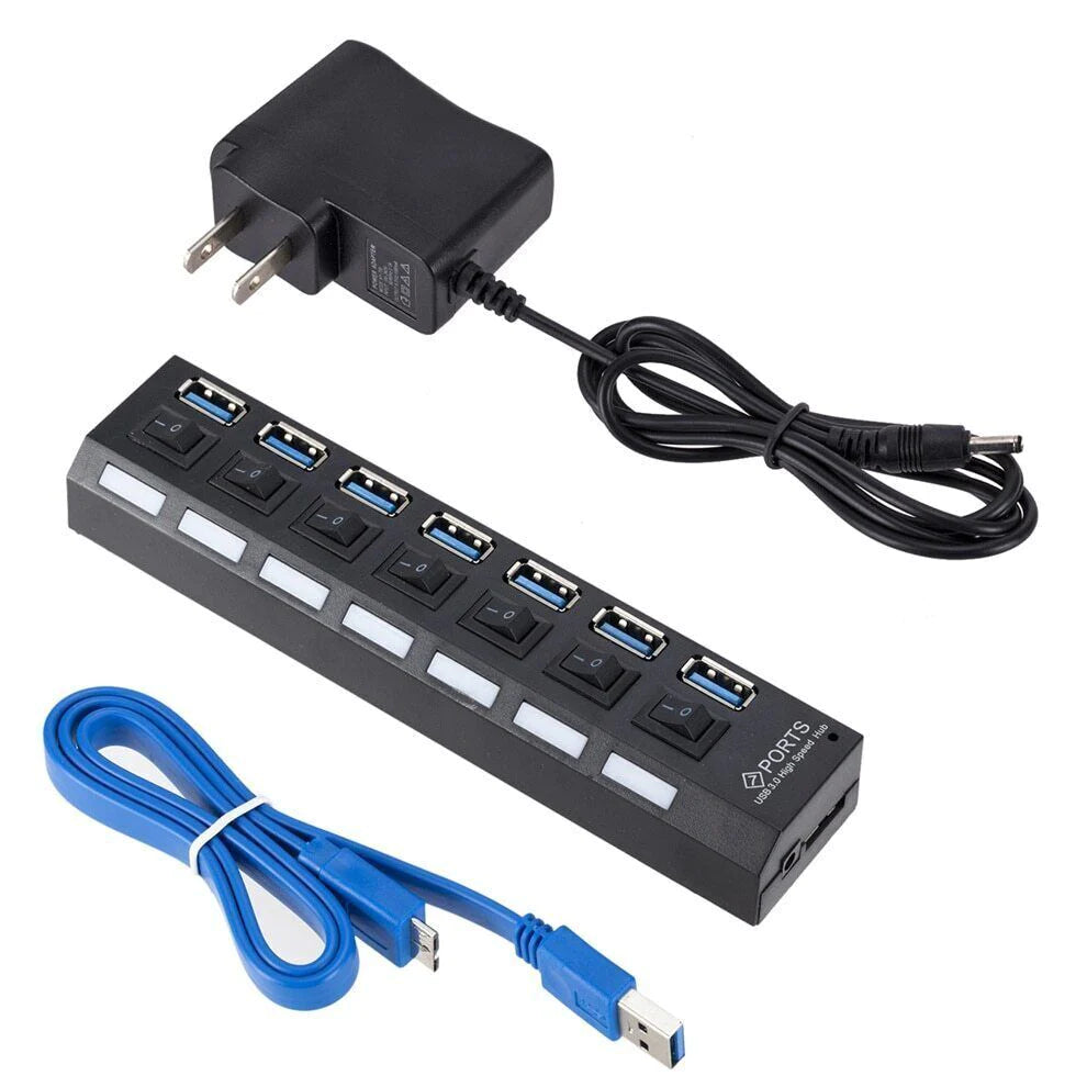 7 Port USB 2.0 / 3.0 Hub Splitter Adapter High Speed for PC Laptop Mac Desktop