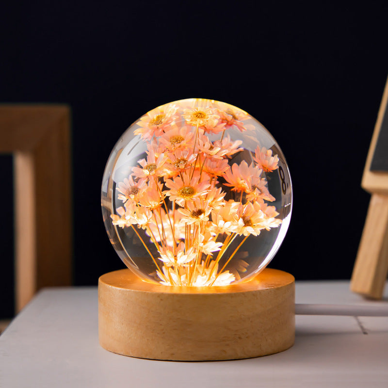 LED Night Light Flower Crystal Ball  Wooden Base Bedroom Ambient Light