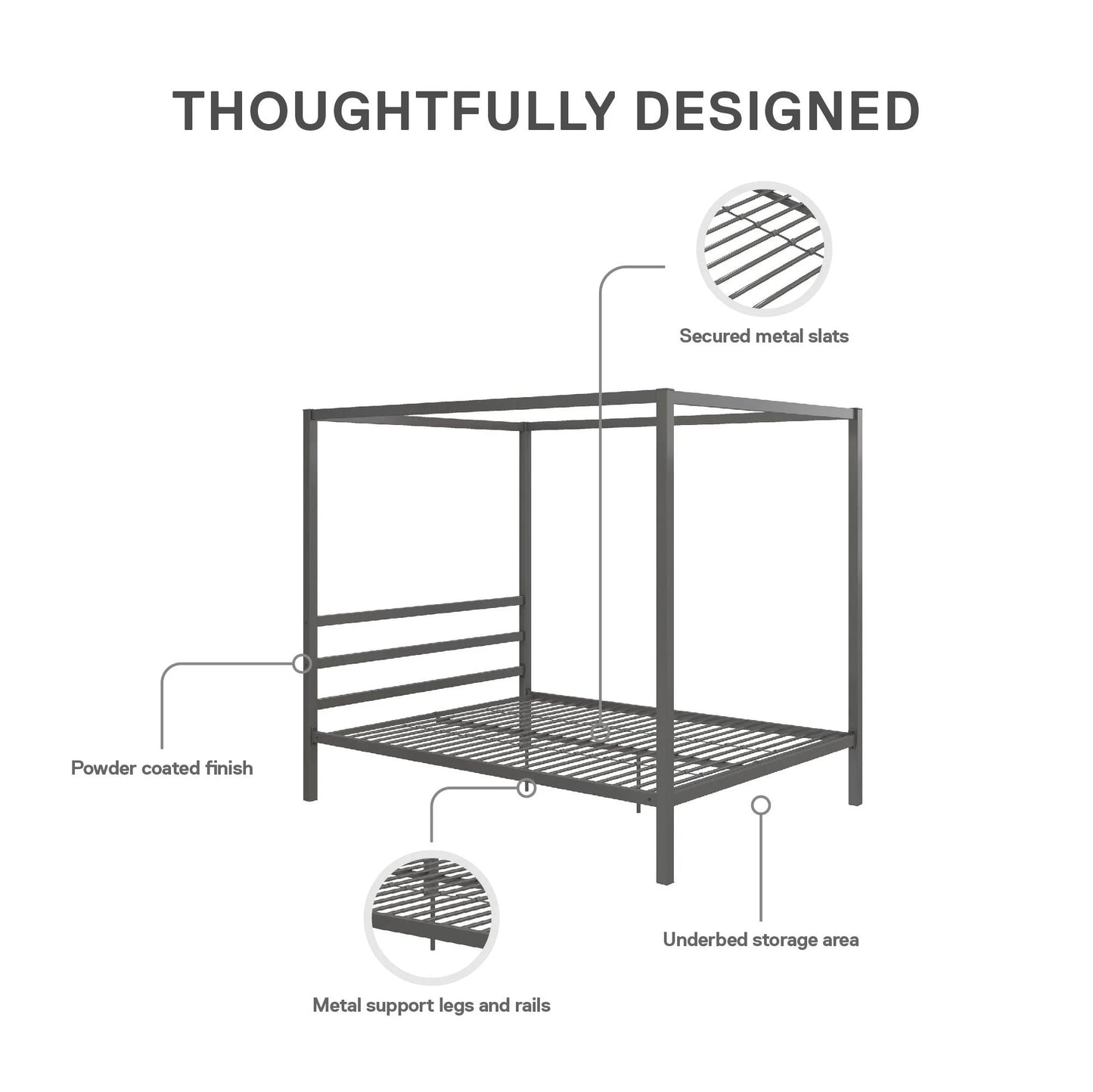 Modern Metal Canopy Poster Bed, Queen, Gunmetal Gray