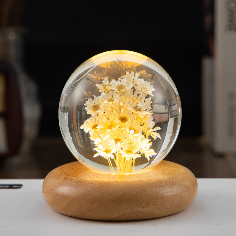 LED Night Light Flower Crystal Ball  Wooden Base Bedroom Ambient Light