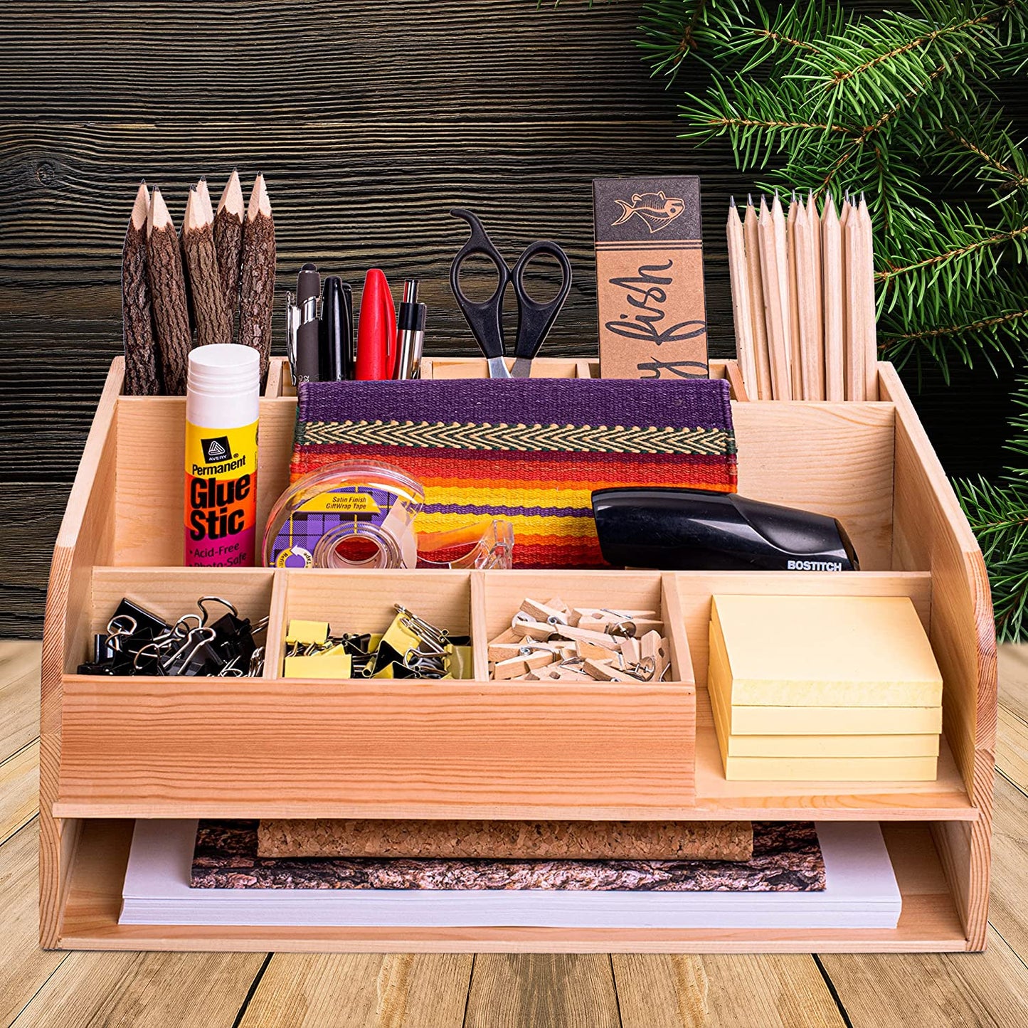 Natural Pine Wood Desk Organizer with File Organizer