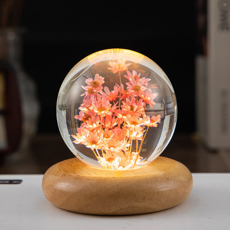 LED Night Light Flower Crystal Ball  Wooden Base Bedroom Ambient Light