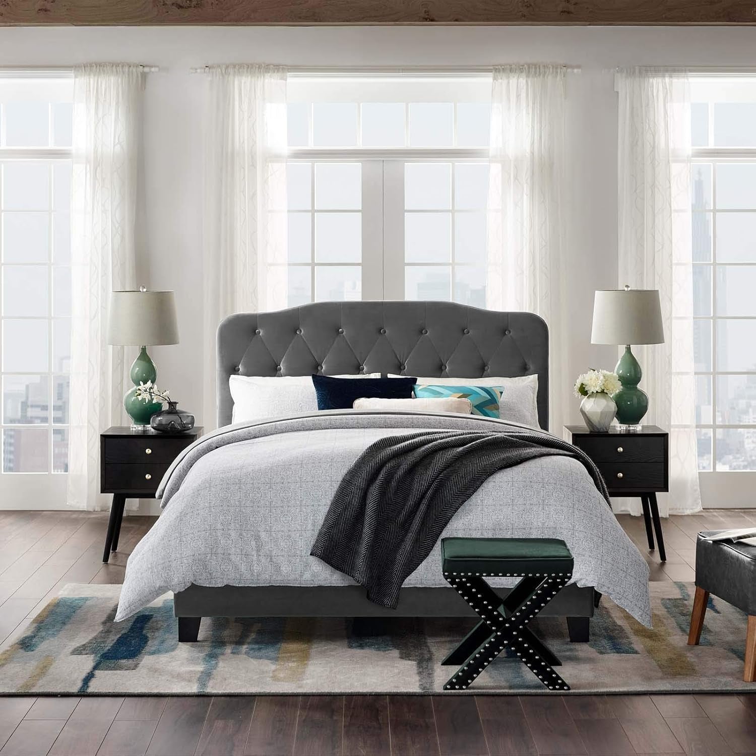 Amelia Tufted Performance Velvet Upholstered Queen Bed in Gray