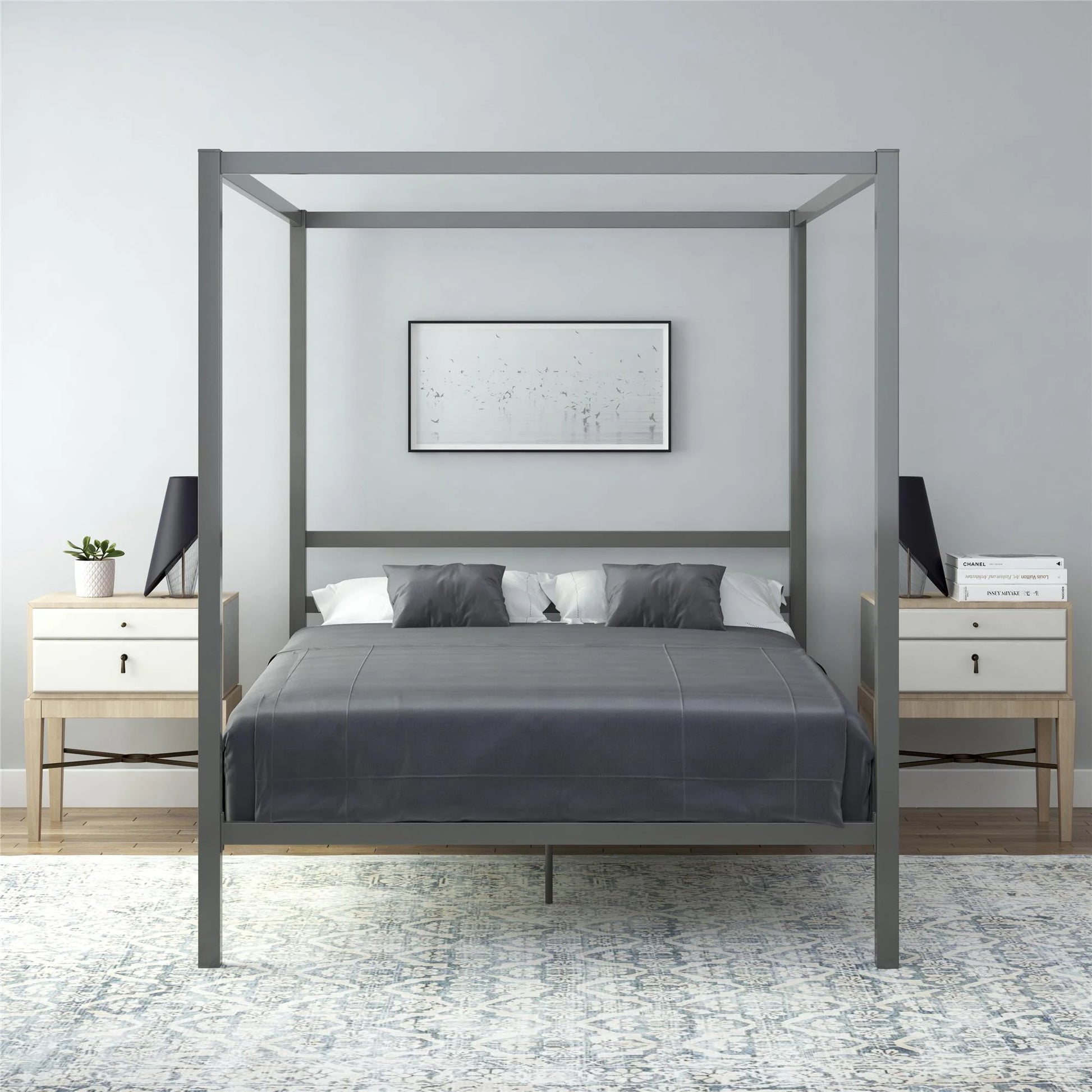 Modern Metal Canopy Poster Bed, Queen, Gunmetal Gray