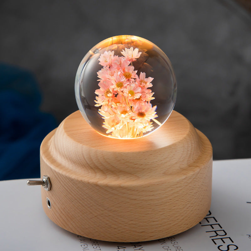 LED Night Light Flower Crystal Ball  Wooden Base Bedroom Ambient Light