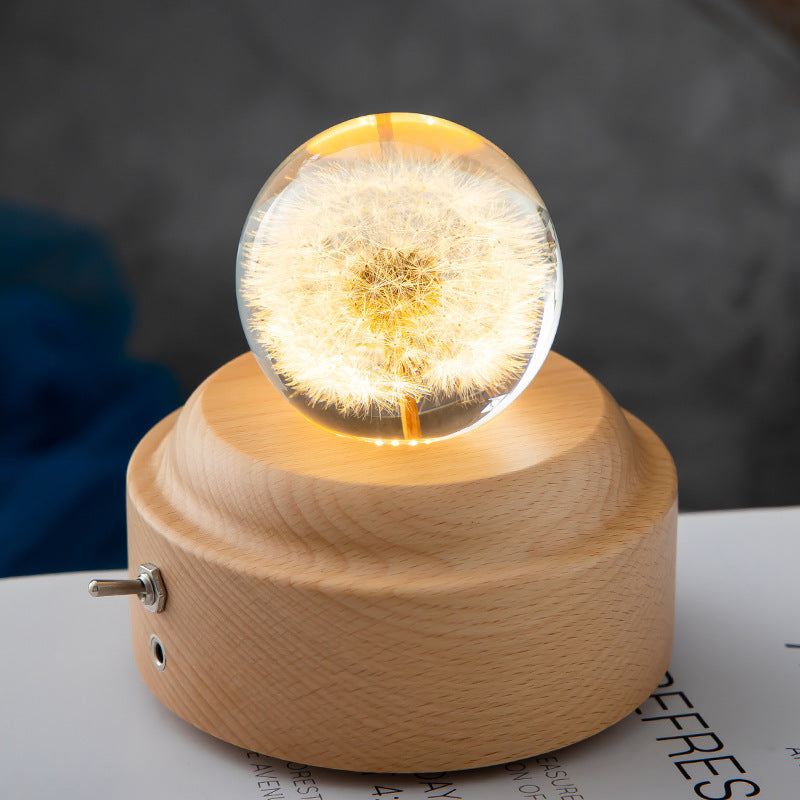 LED Night Light Flower Crystal Ball  Wooden Base Bedroom Ambient Light