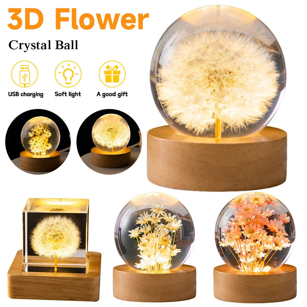 LED Night Light Flower Crystal Ball  Wooden Base Bedroom Ambient Light