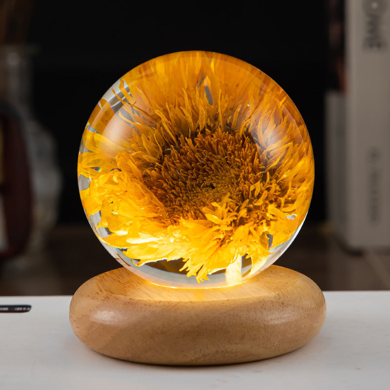 LED Night Light Flower Crystal Ball  Wooden Base Bedroom Ambient Light