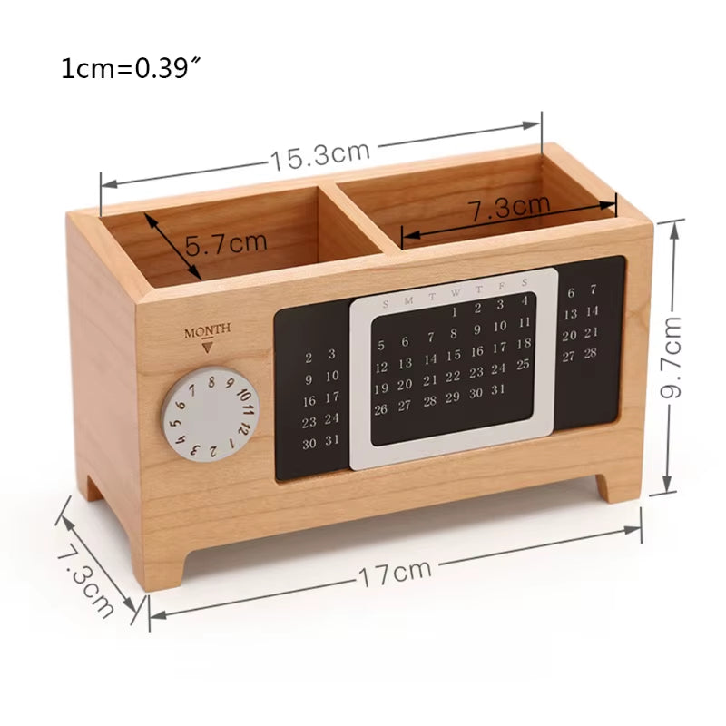 Solid Wood Calendar Pen Holder Multifunctional Desktop Office Organizer Stationery Pencil Storage Box for Office Home 96BA